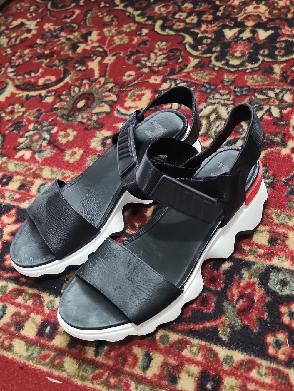 Sorel Black and White Platform Sport Sandals with Red Accent